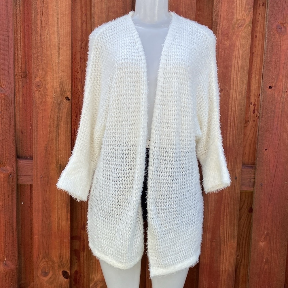 New Directions White Fuzzy Eyelash Open Knit Cocoon Cardigan Sweater Large L